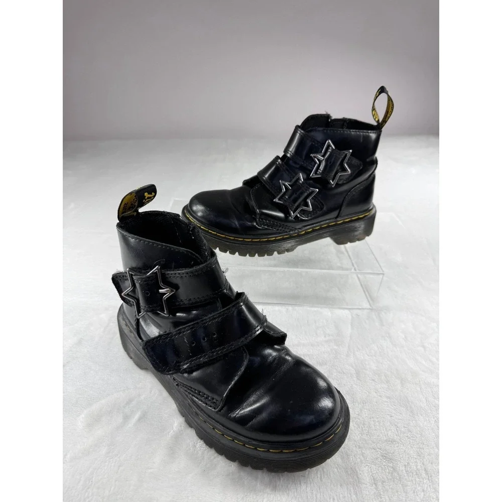 Dr. Martens Devon Bex Star‎ Buckle Ankle Boots Kids 1 Black Leather Side Zipper